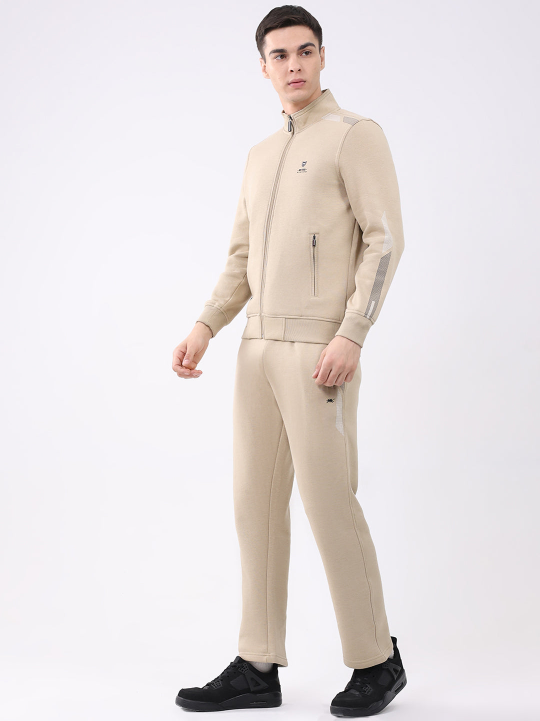 Men Camel Brown Printed Collar Full Sleeve Winter Tracksuit