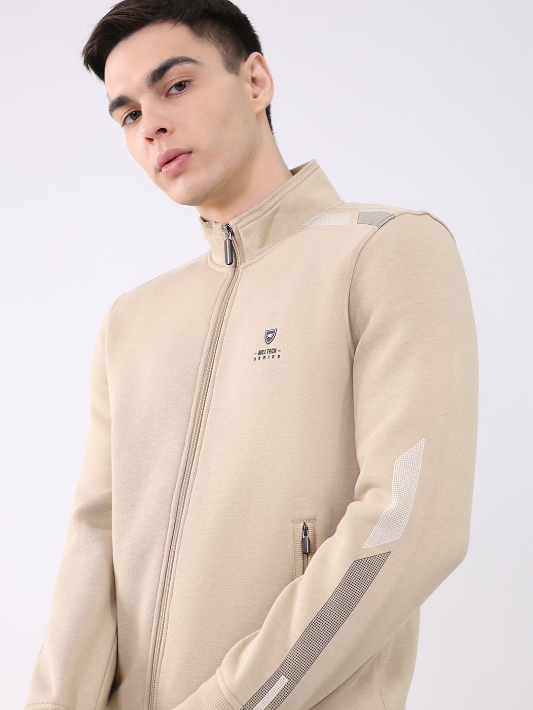 Men Camel Brown Printed Collar Full Sleeve Winter Tracksuit