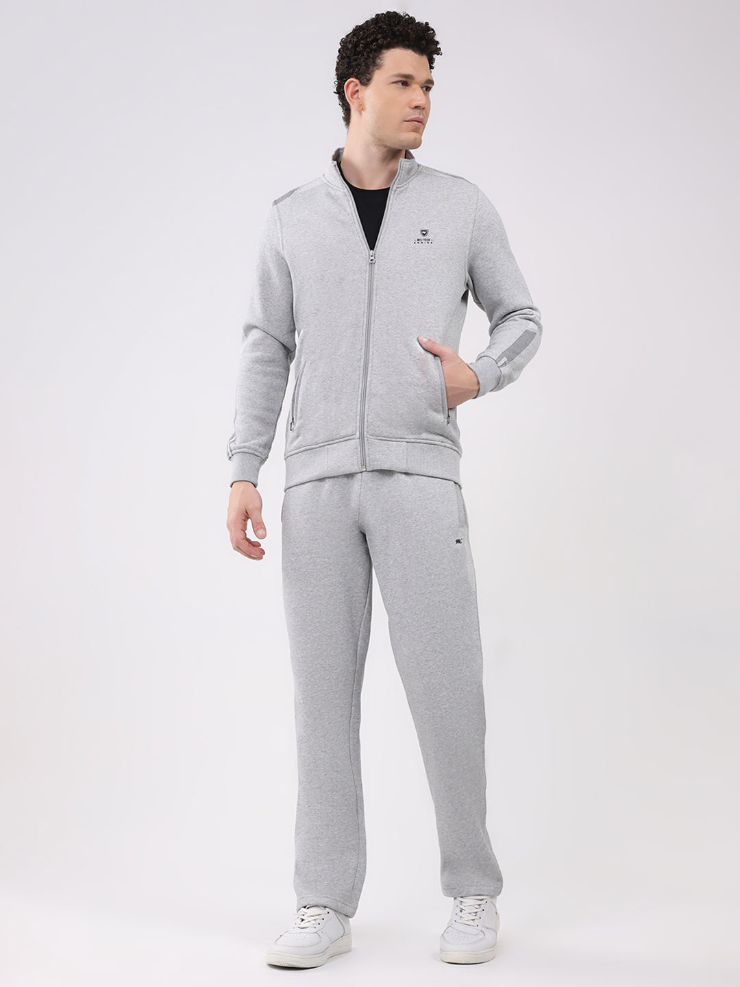 Men Grey Printed Collar Full Sleeve Winter Tracksuit