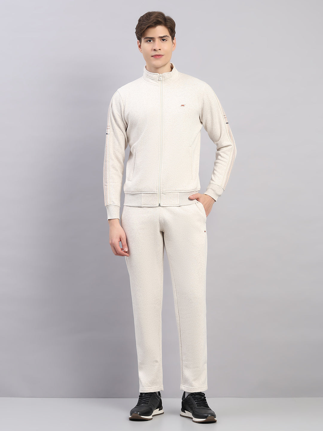 Men Off White Solid Stand Collar Full Sleeve Winter Tracksuit