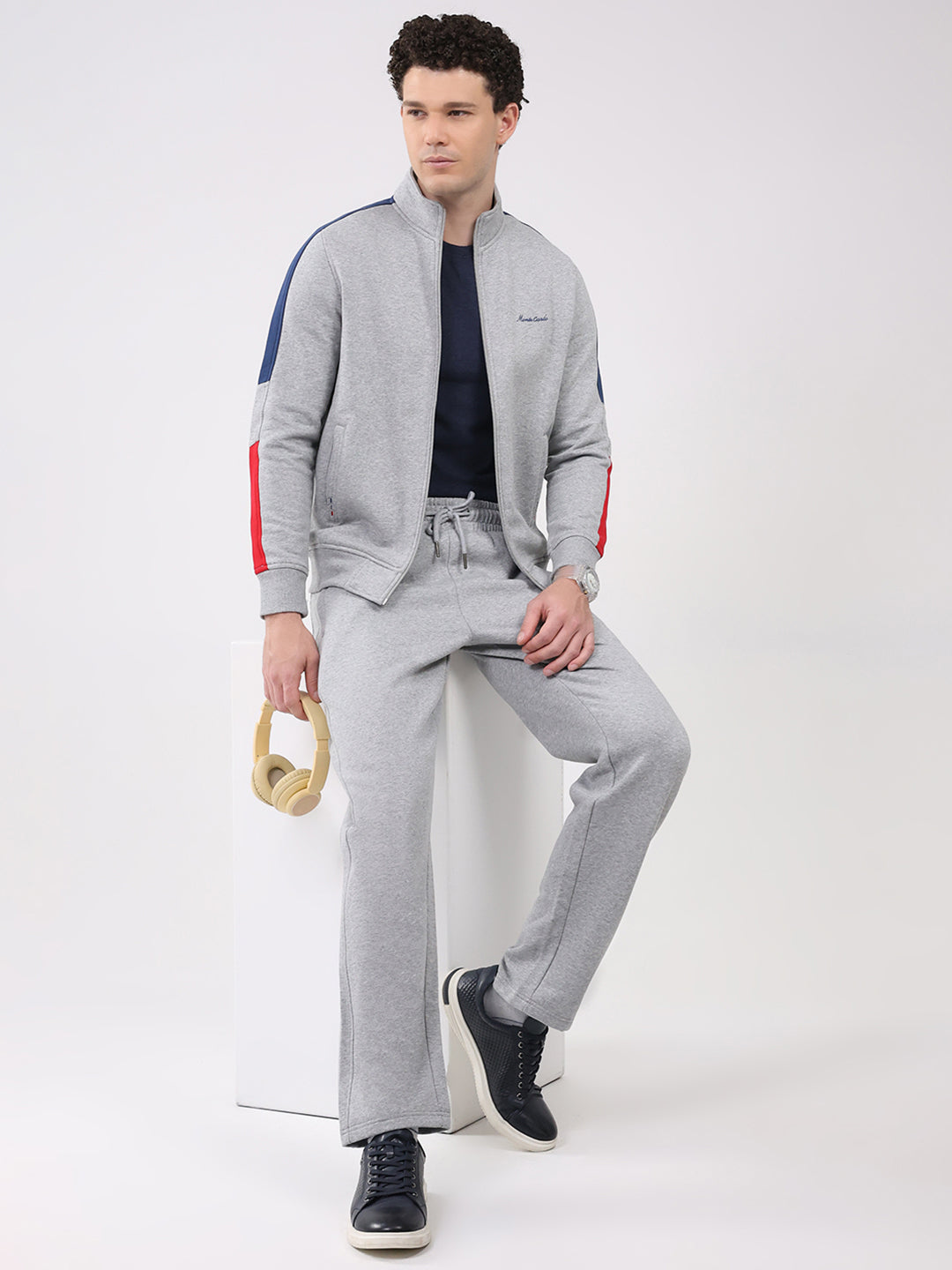 Men Grey Embroidered Collar Full Sleeve Winter Tracksuit