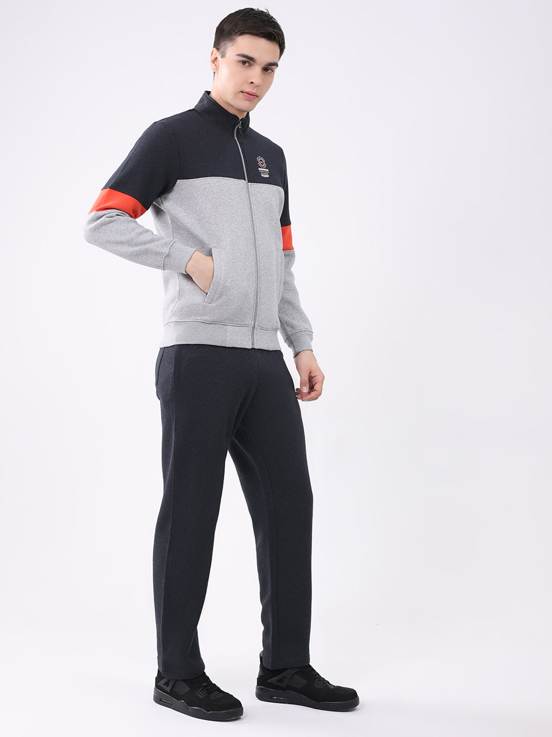 Men Charcoal Printed Collar Full Sleeve Winter Tracksuit