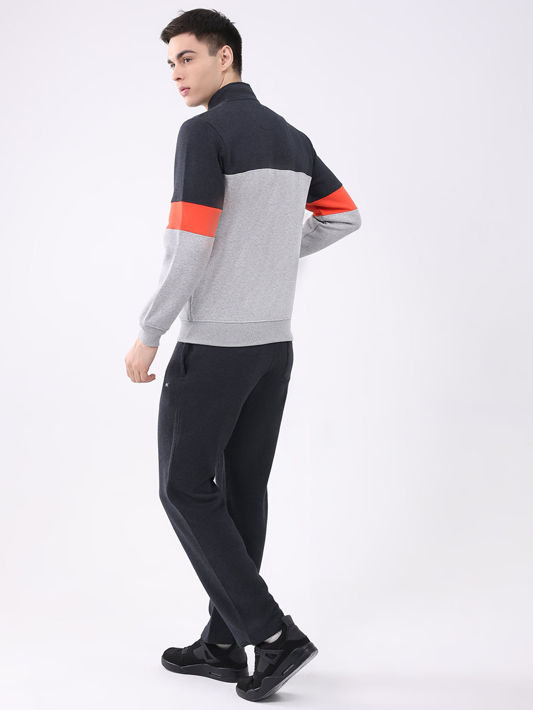 Men Charcoal Printed Collar Full Sleeve Winter Tracksuit