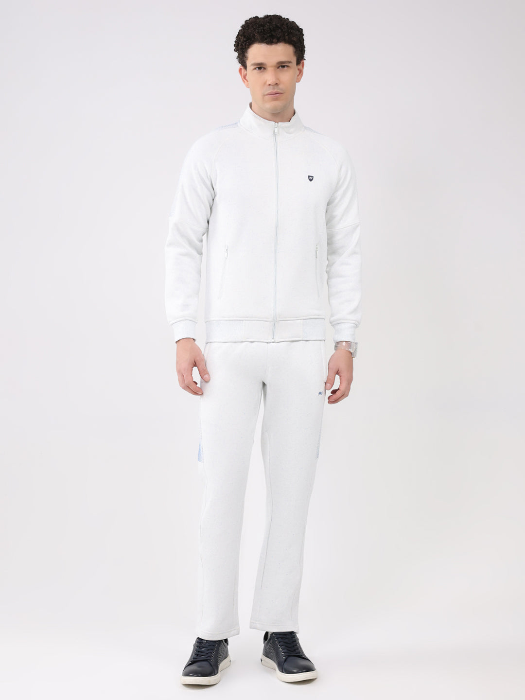 Men White Printed Collar Full Sleeve Winter Tracksuit