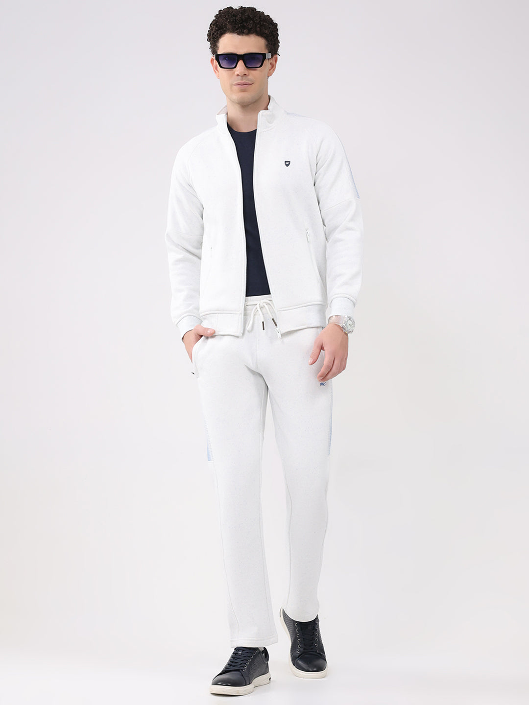 Men White Printed Collar Full Sleeve Winter Tracksuit