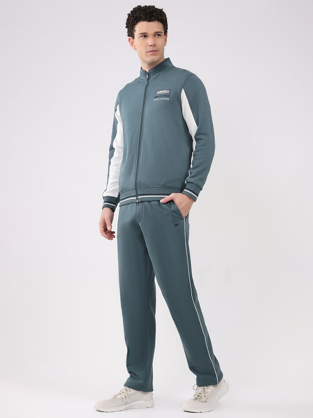 Men Green Printed Collar Full Sleeve Winter Tracksuit