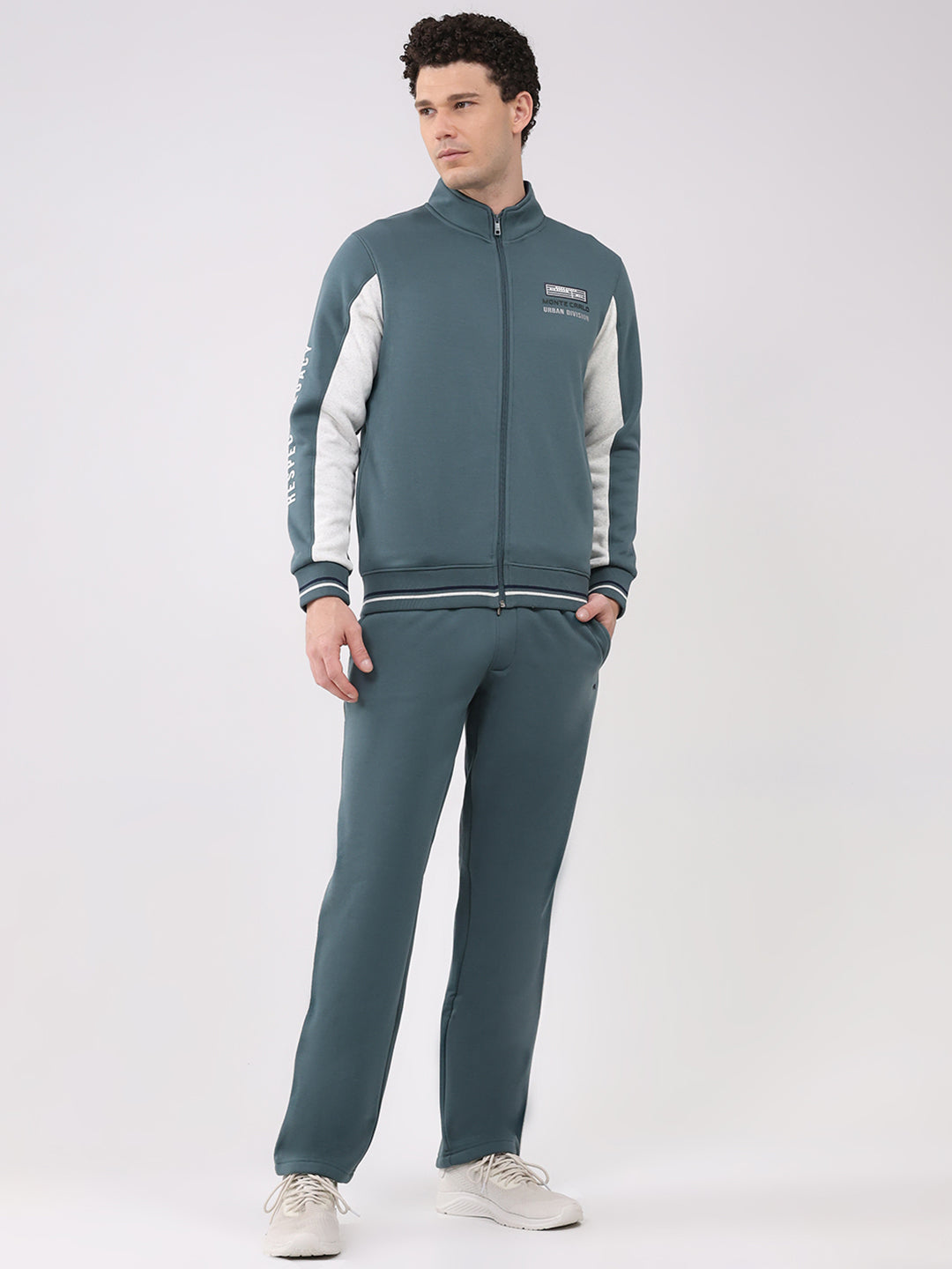 Men Green Printed Collar Full Sleeve Winter Tracksuit