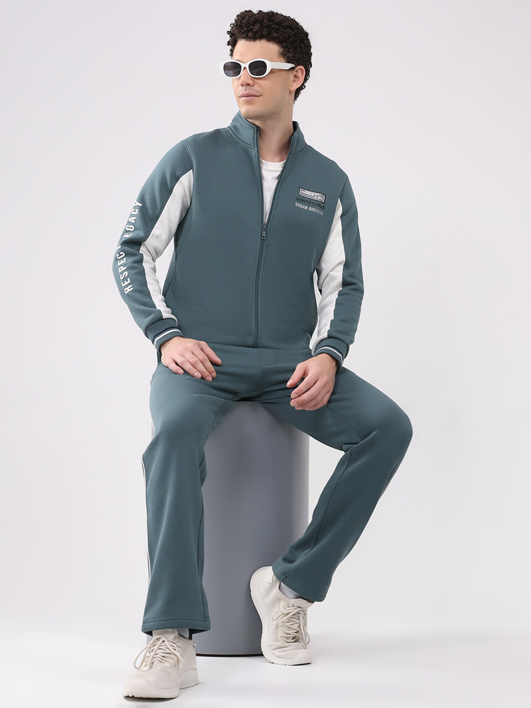 Men Green Printed Collar Full Sleeve Winter Tracksuit