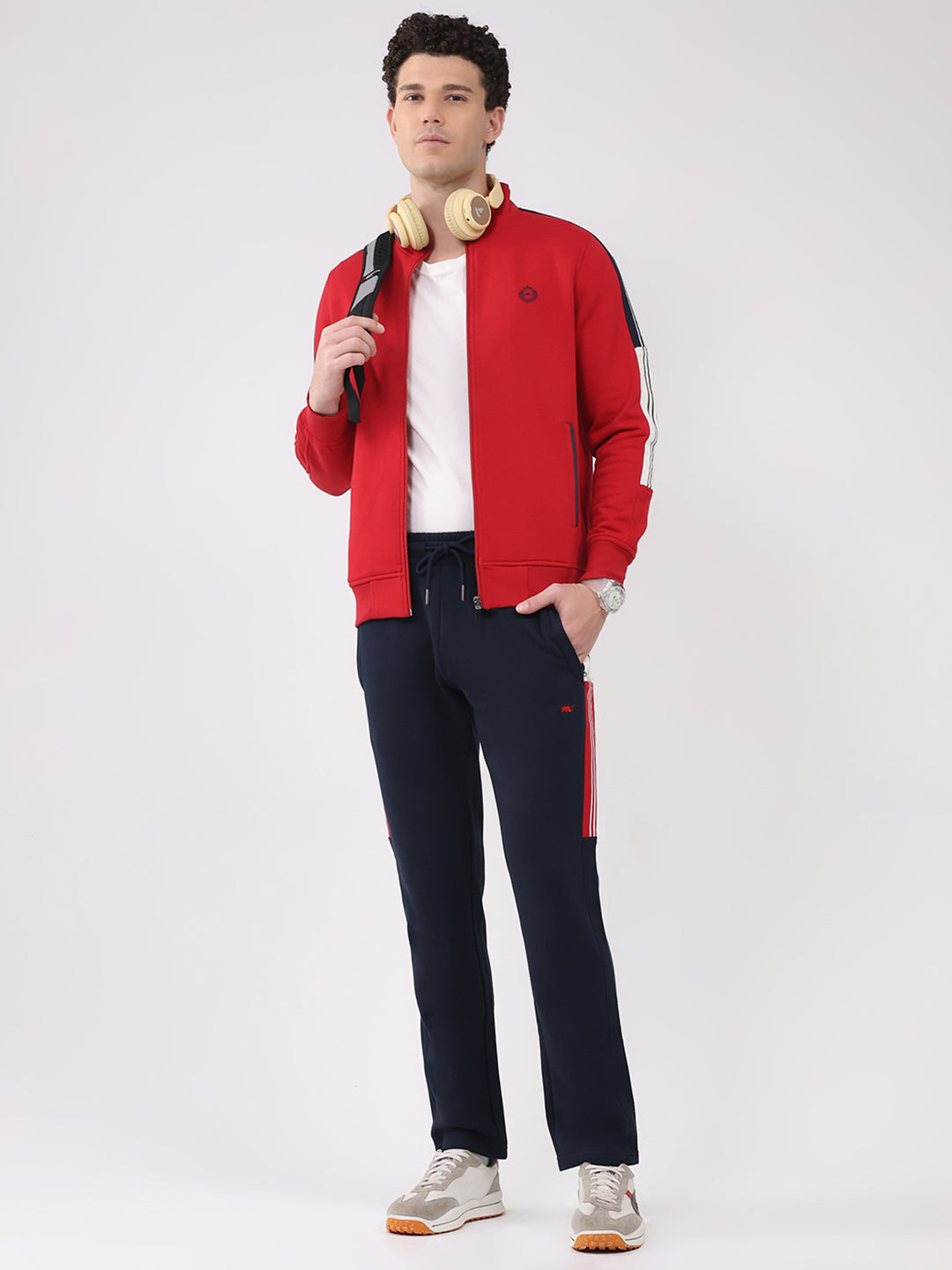 Men Red Printed Collar Full Sleeve Winter Tracksuit
