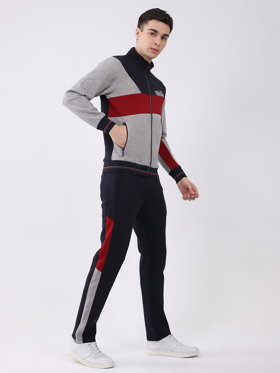 Men Navy Blue Printed Round Neck Full Sleeve Winter Tracksuit