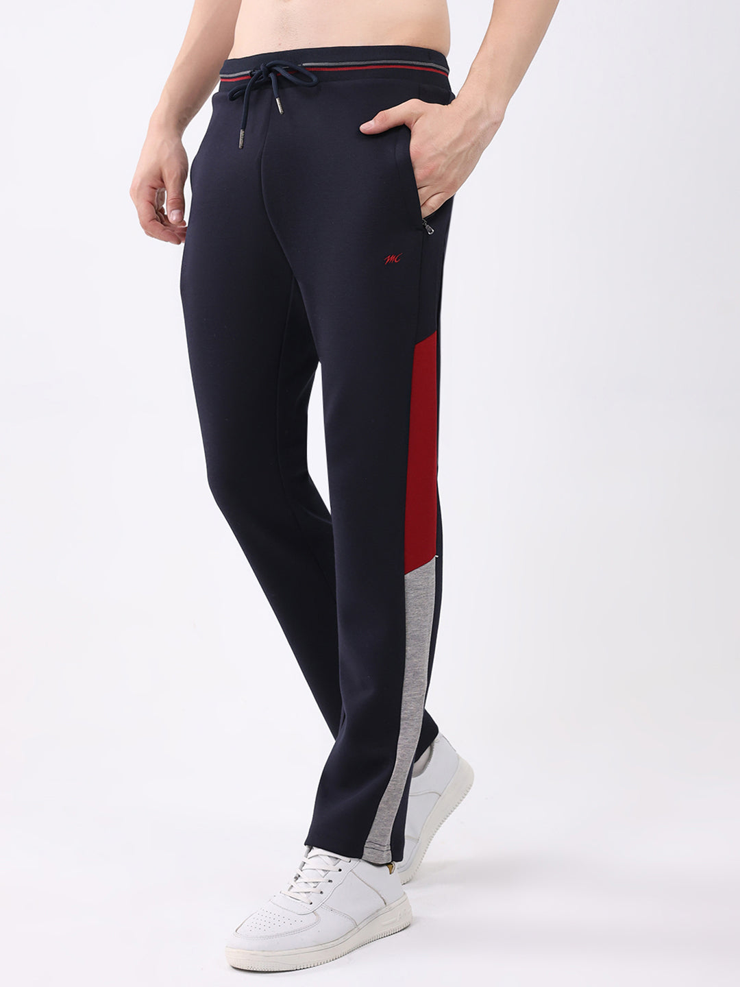 Men Navy Blue Printed Round Neck Full Sleeve Winter Tracksuit