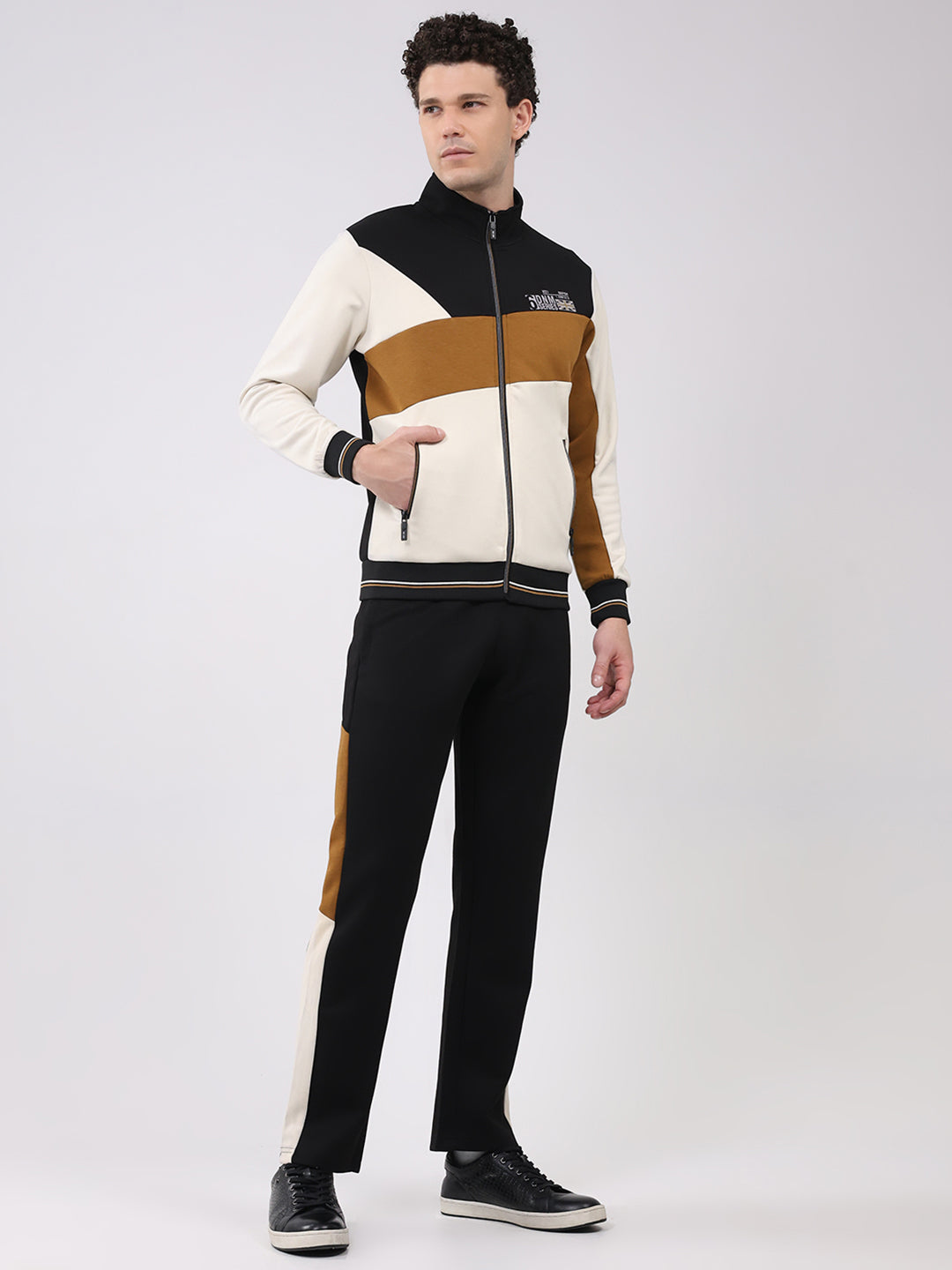 Men Black Printed Round Neck Full Sleeve Winter Tracksuit