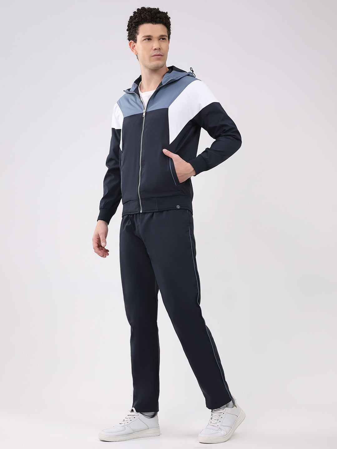 Men Blue Embroidered Round Neck Full Sleeve Winter Tracksuit