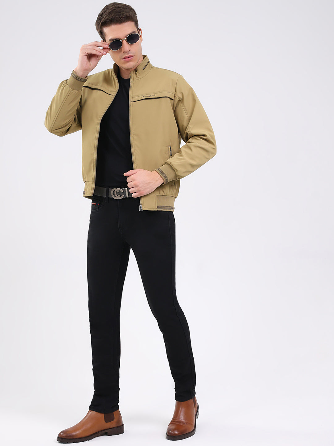 Men Beige Solid Mock Neck Full Sleeve Jacket