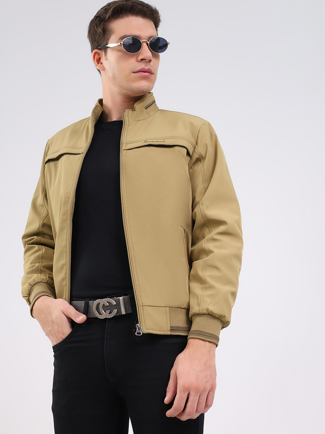 Men Beige Solid Mock Neck Full Sleeve Jacket