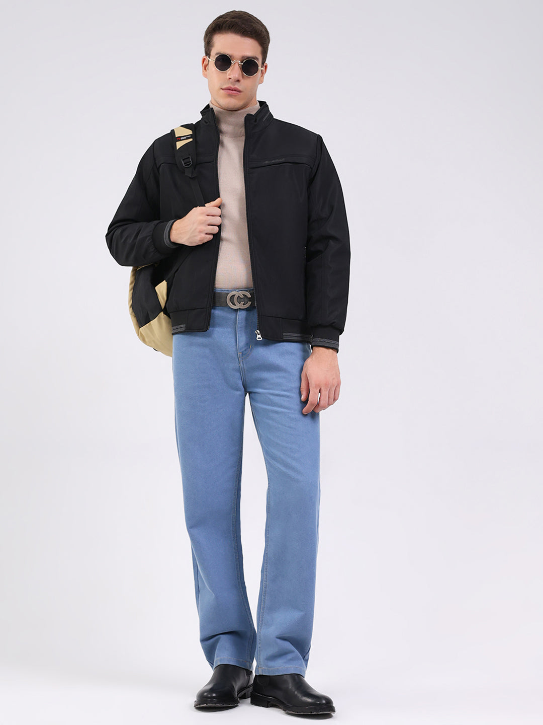 Men Black Solid Mock Neck Full Sleeve Jacket