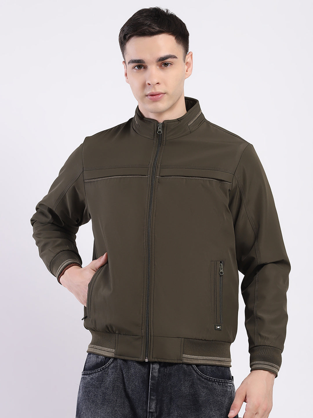 Men Olive Solid Mock Neck Full Sleeve Jacket