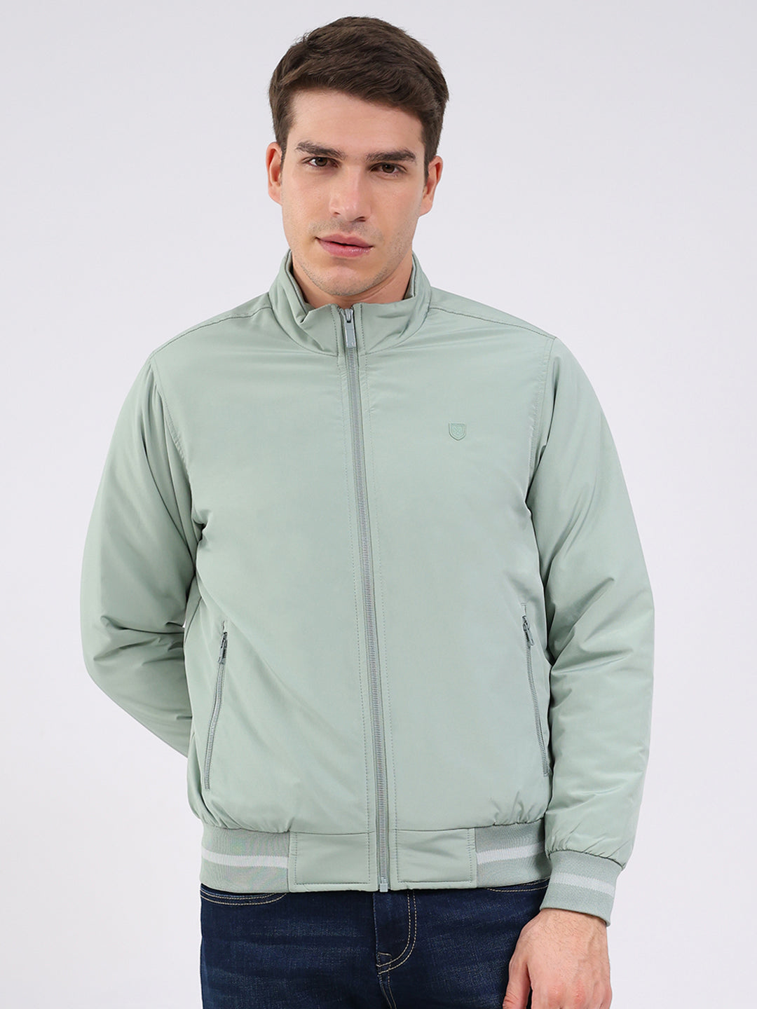 Men Mint Green Solid Mock Neck Full Sleeve Jacket