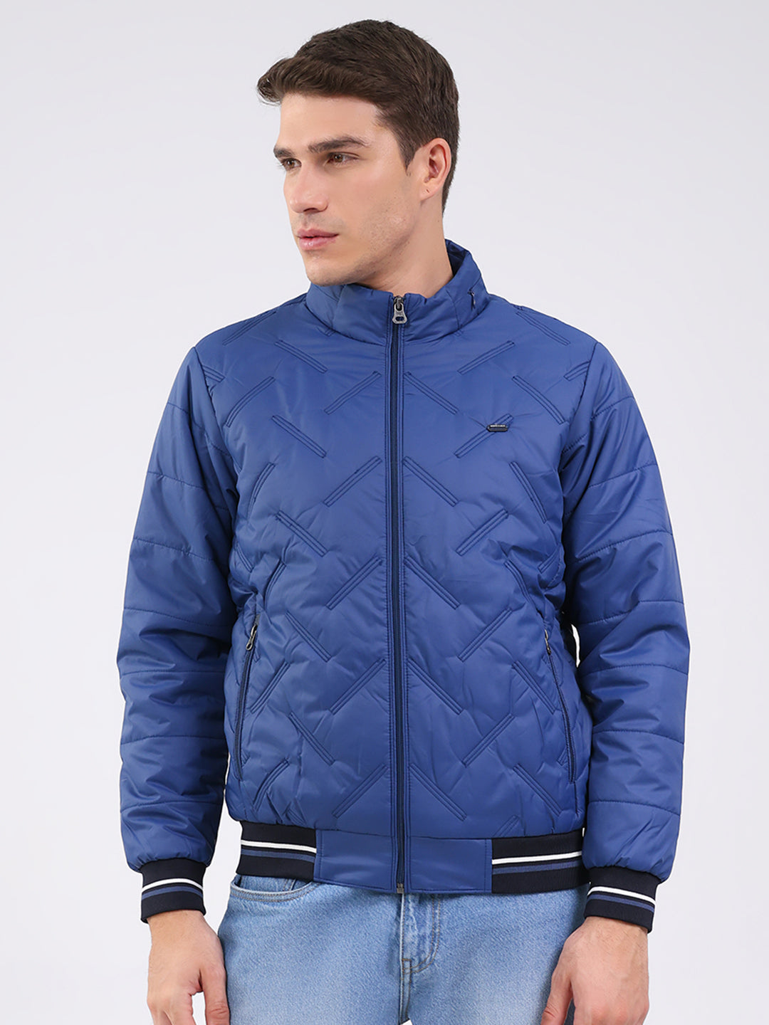 Men Blue Solid Mock Neck Full Sleeve Jacket