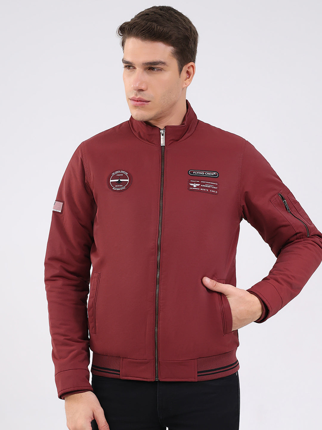 Men Maroon Solid Mock Neck Full Sleeve Jacket