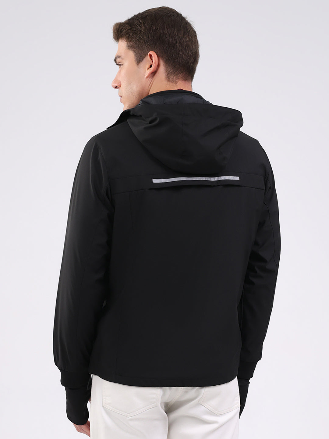 Men Black Solid Hooded Full Sleeve Jacket