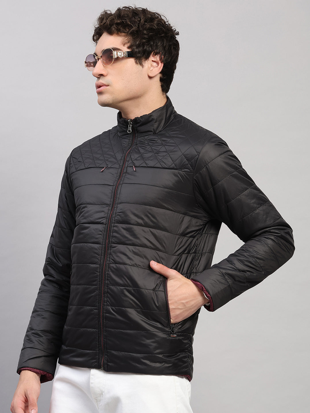 Men Black Self Design Round Neck Full Sleeve Jacket