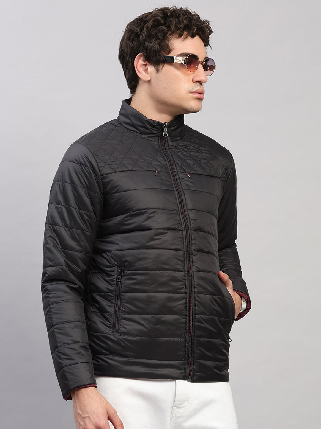 Men Black Self Design Round Neck Full Sleeve Jacket