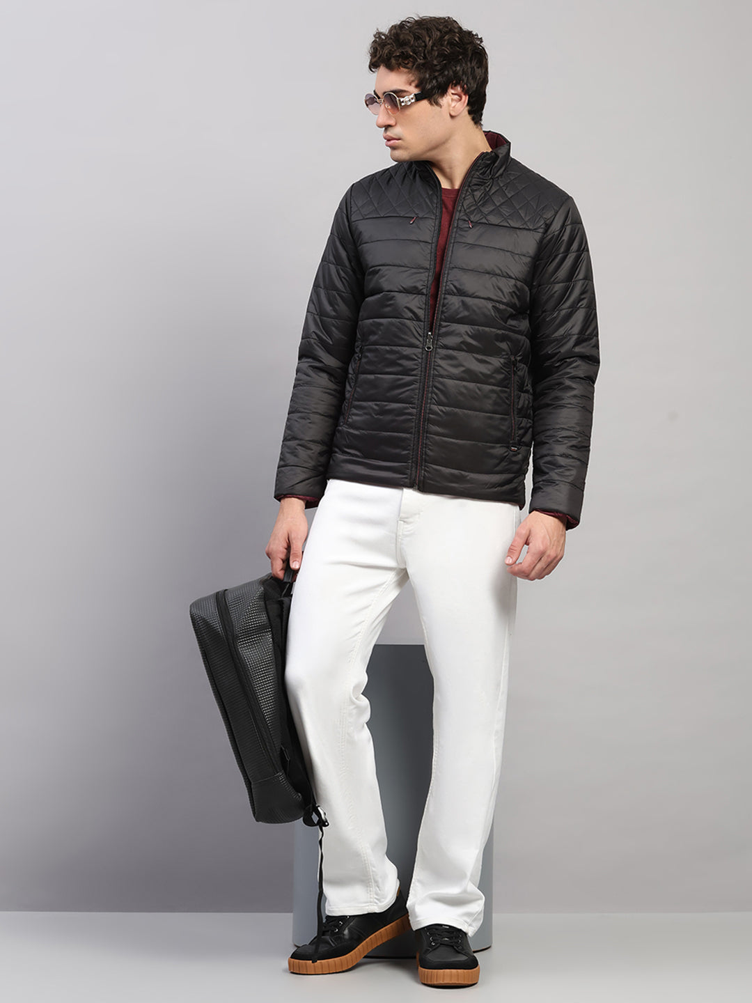 Men Black Self Design Round Neck Full Sleeve Jacket