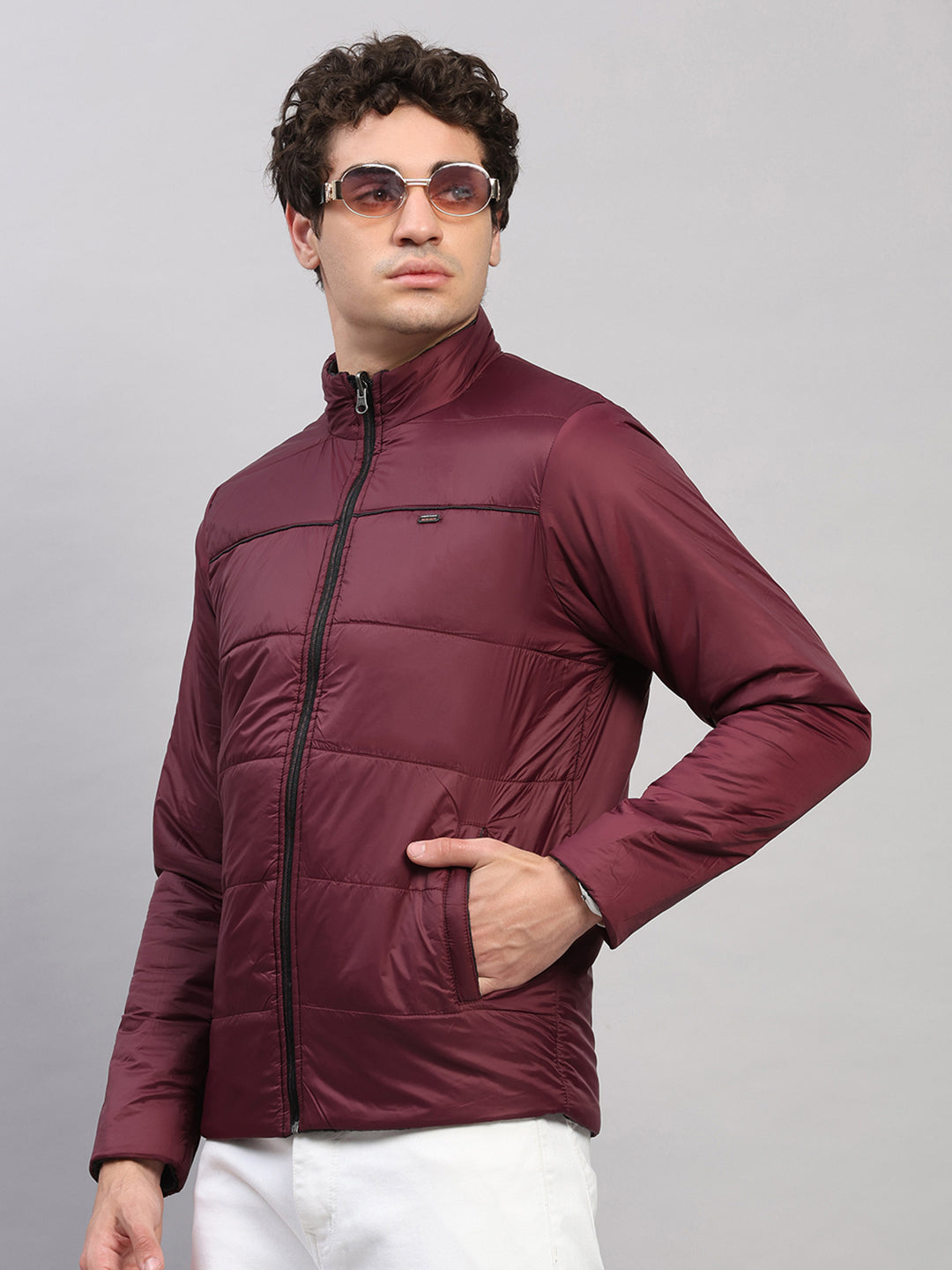 Men Black Self Design Round Neck Full Sleeve Jacket