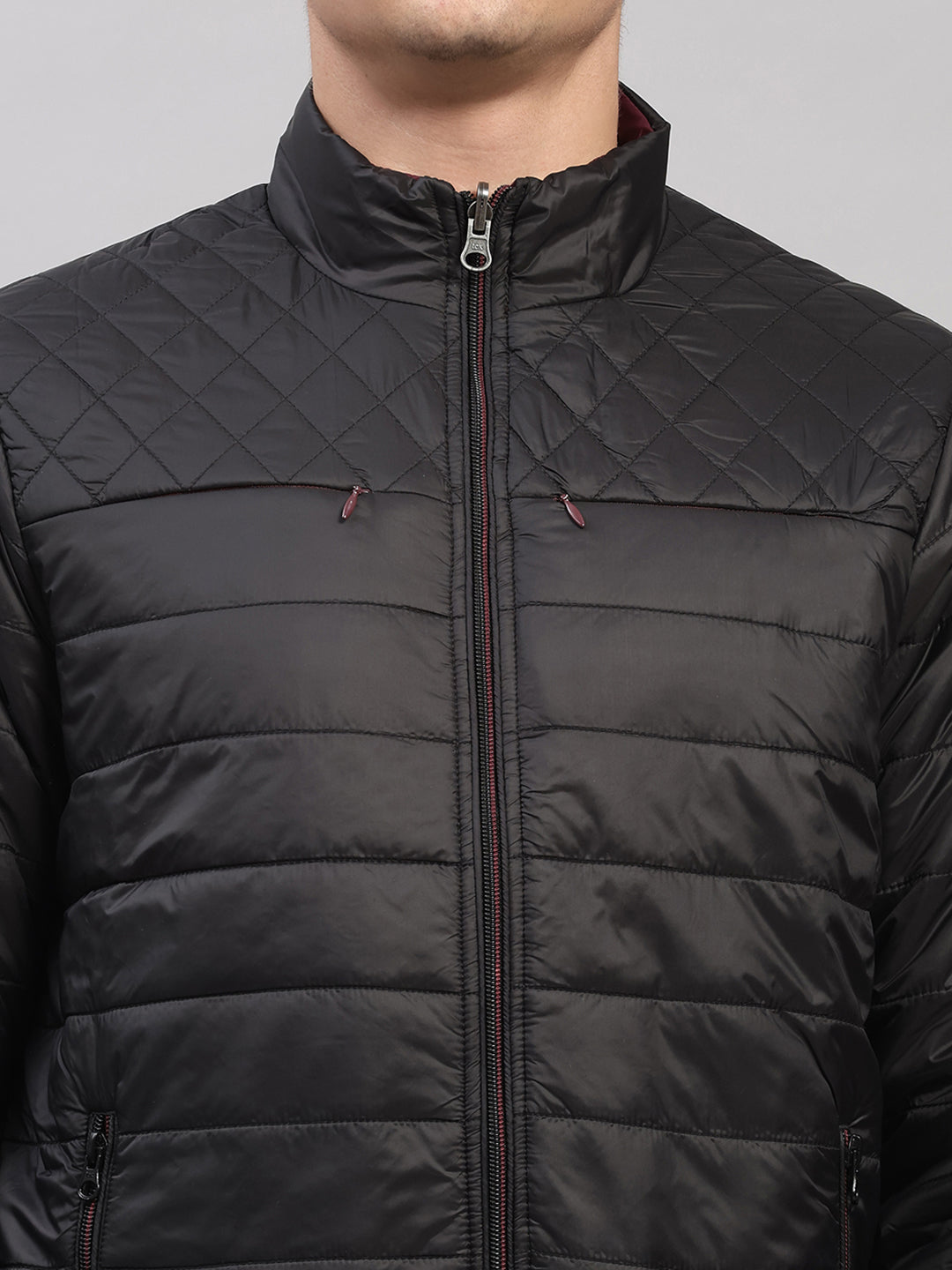 Men Black Self Design Round Neck Full Sleeve Jacket