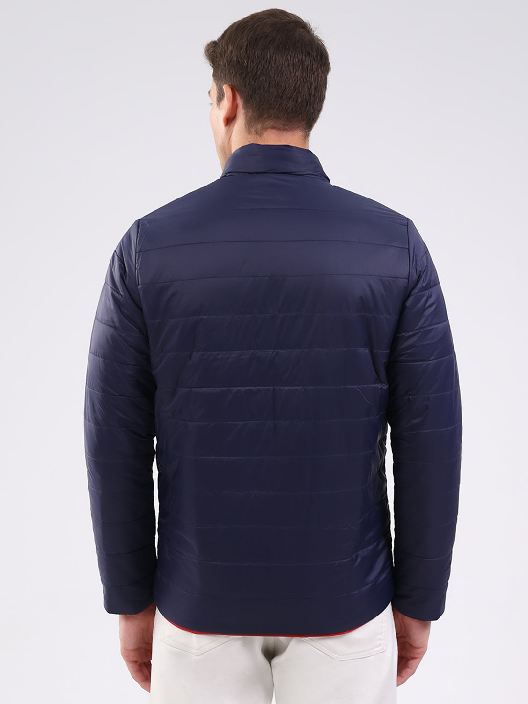 Men Navy Blue Solid Mock Neck Full Sleeve Jacket