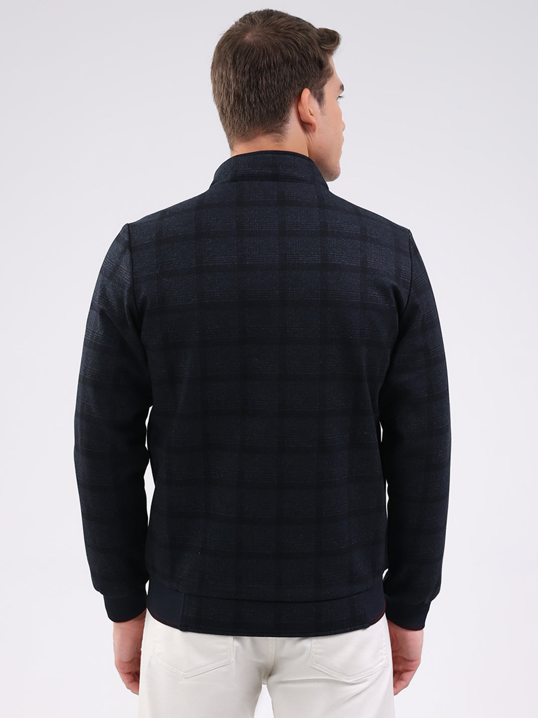 Men Navy Blue Solid Mock Neck Full Sleeve Jacket