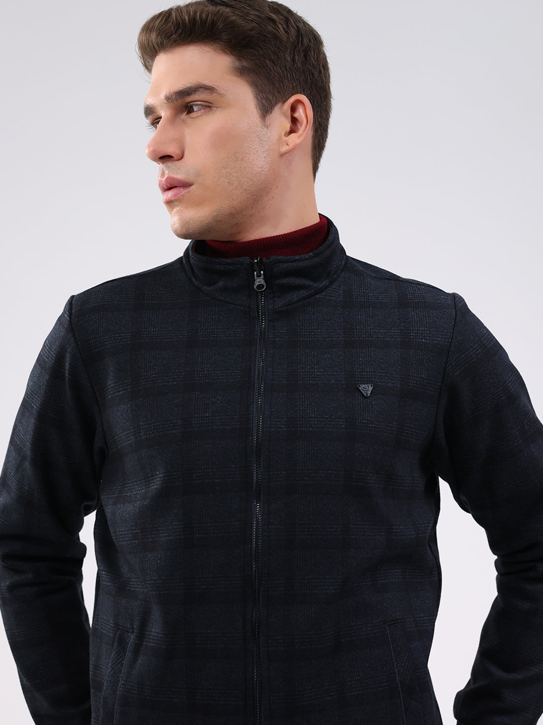 Men Navy Blue Solid Mock Neck Full Sleeve Jacket