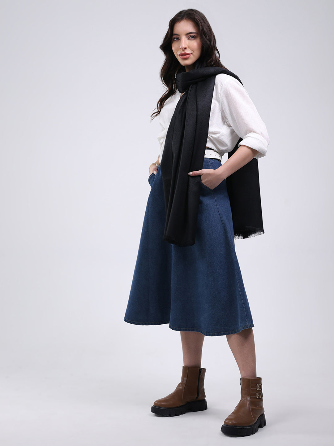 Women Black Solid Wool Blend Shawl