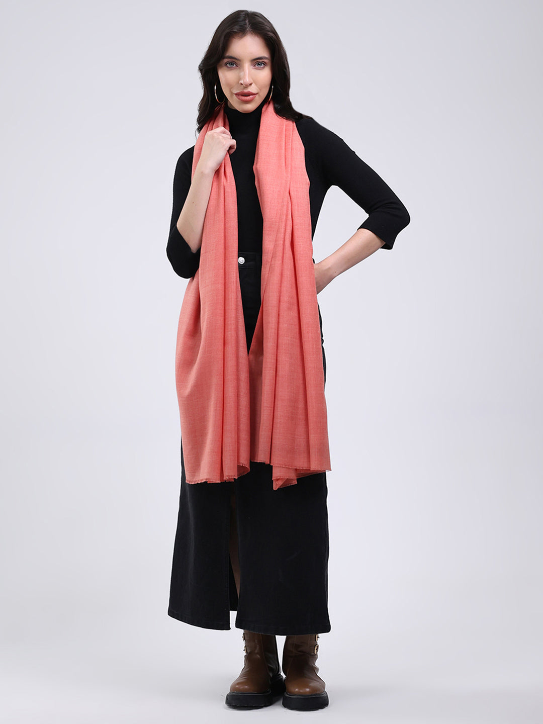 Women Peach Solid Wool Blend Shawl
