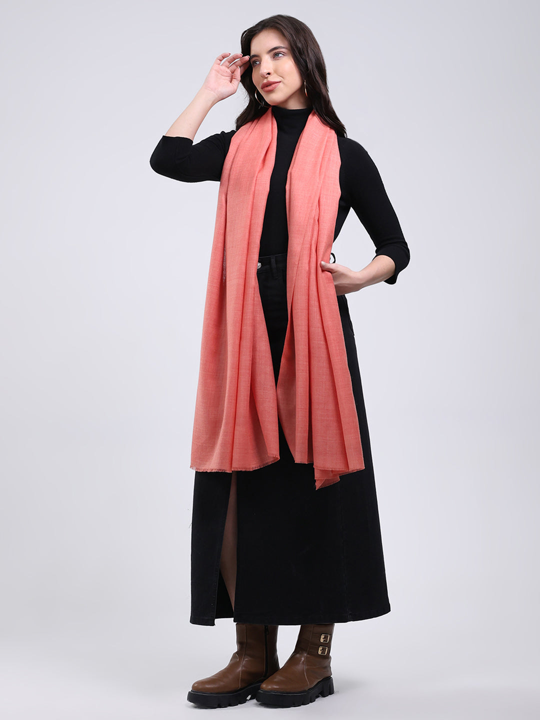 Women Peach Solid Wool Blend Shawl