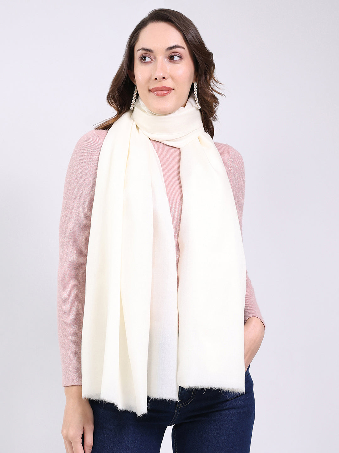 Women White Solid Wool Blend Shawl