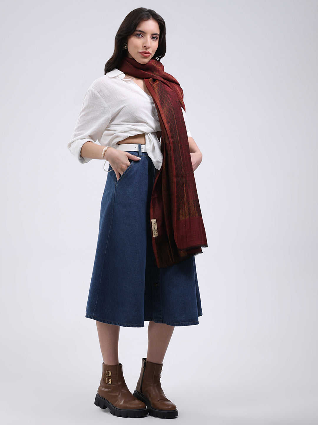 Women Maroon Printed Wool Blend Shawl