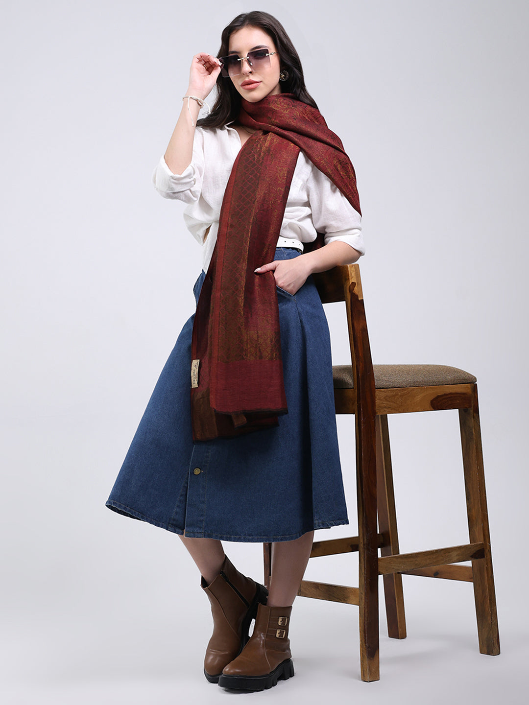 Women Maroon Printed Wool Blend Shawl