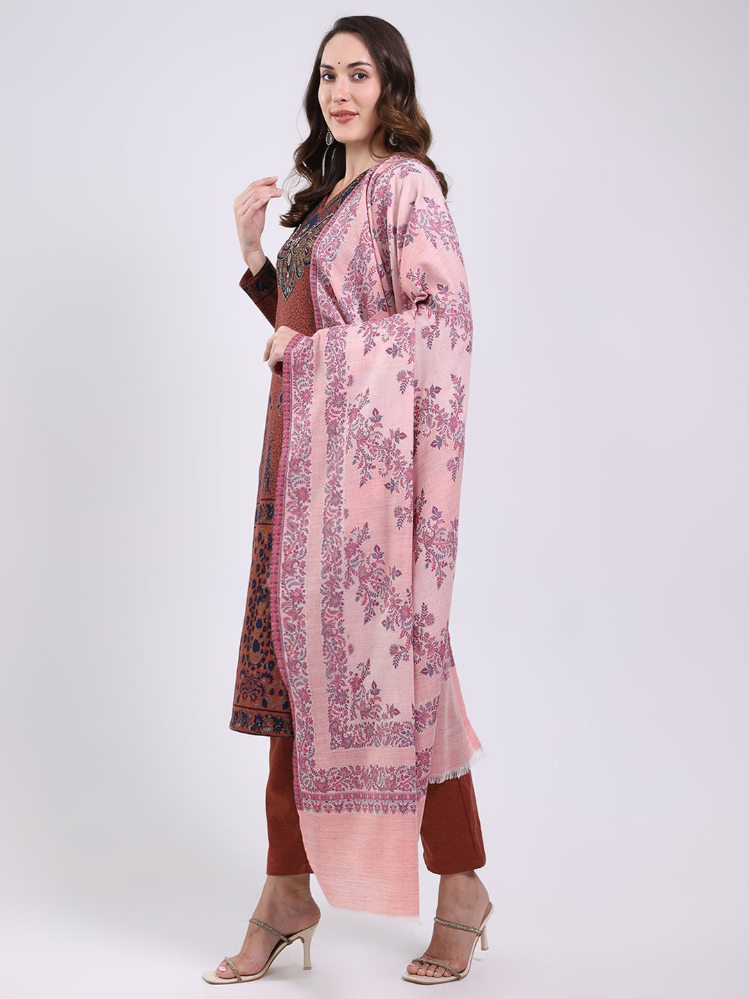 Women Pink Printed Wool Blend Shawl