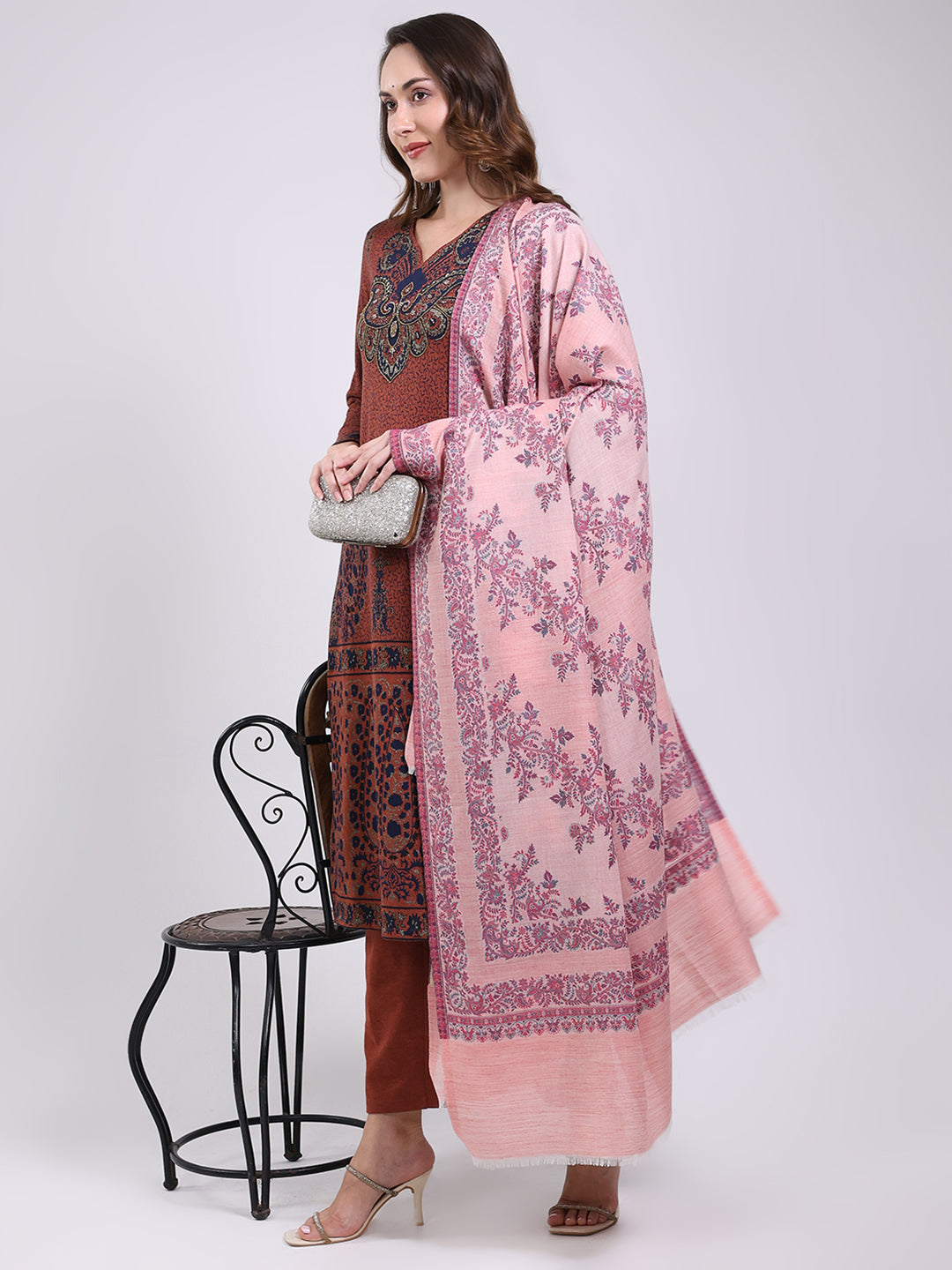 Women Pink Printed Wool Blend Shawl