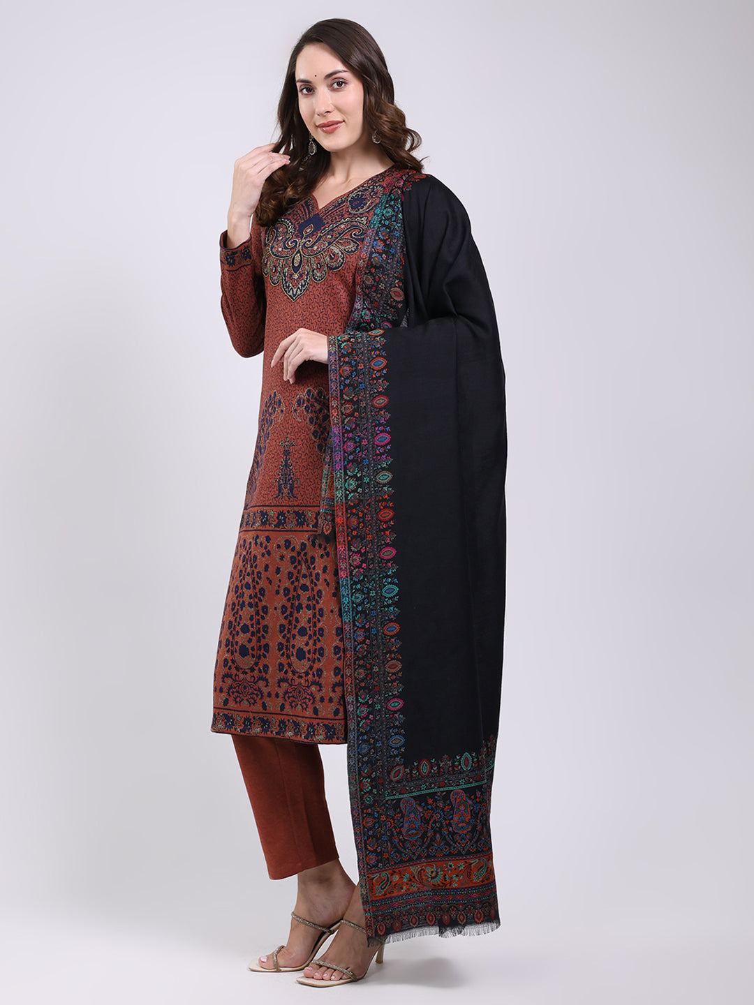 Women Black Printed Wool Blend Shawl