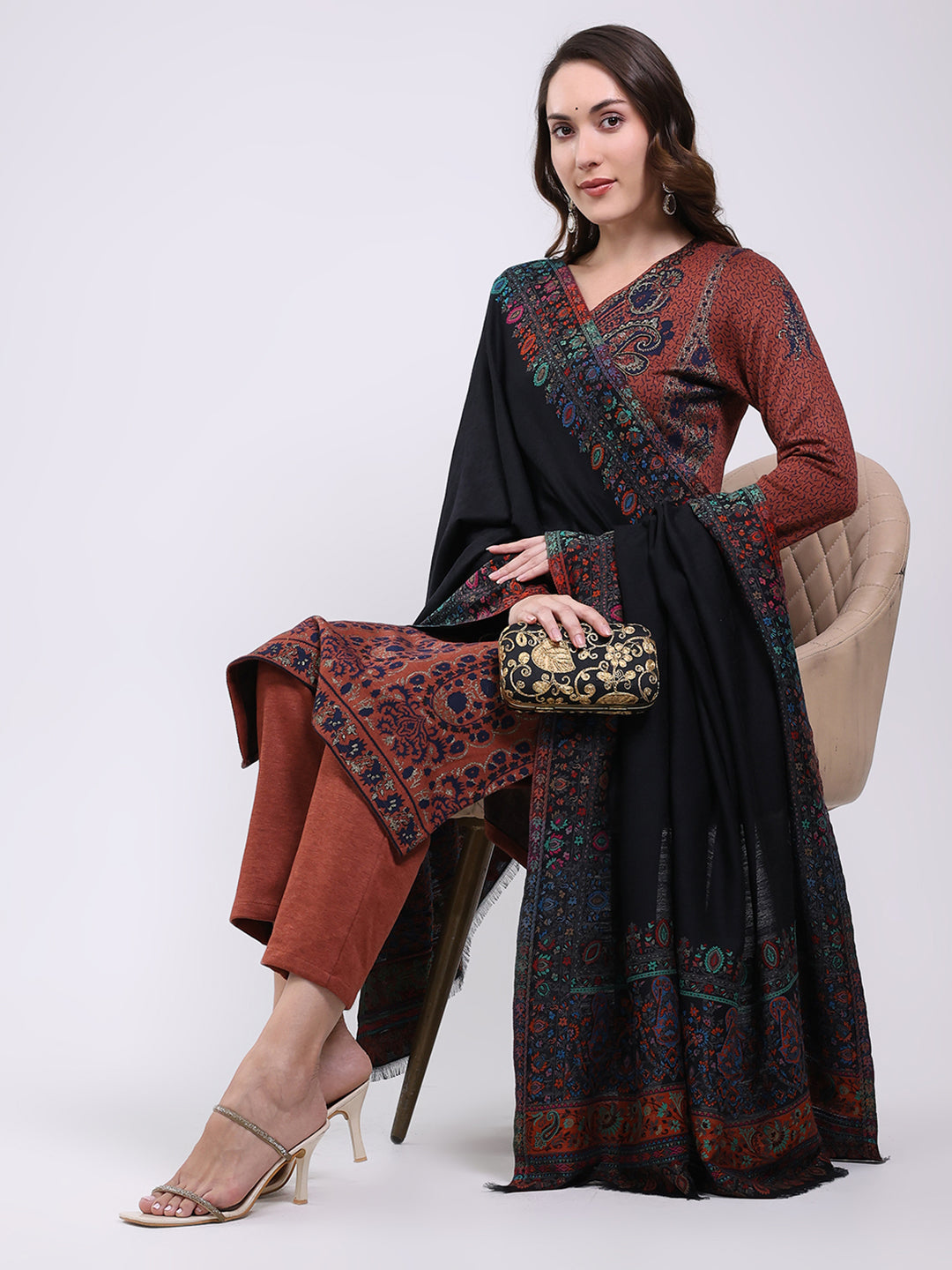 Women Black Printed Wool Blend Shawl