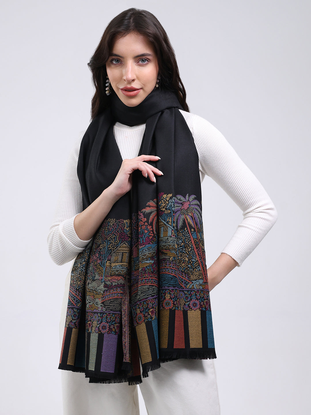 Women Black Printed Wool Blend Shawl