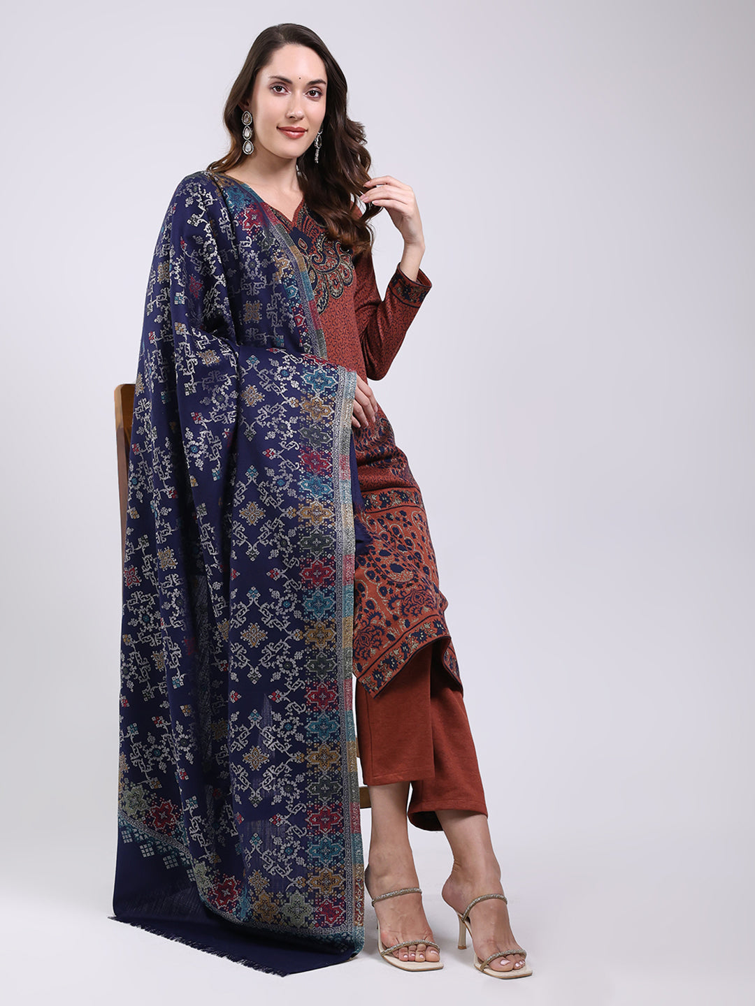 Women Navy Blue Printed Wool Blend Shawl