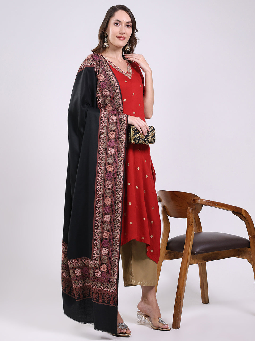 Women Black Printed Wool Blend Shawl