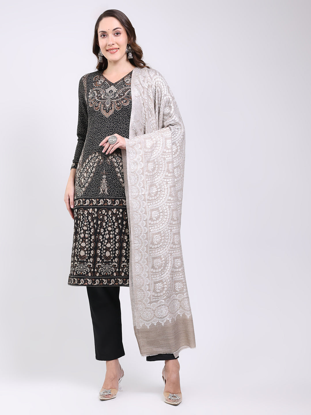 Women Grey Printed Wool Blend Shawl