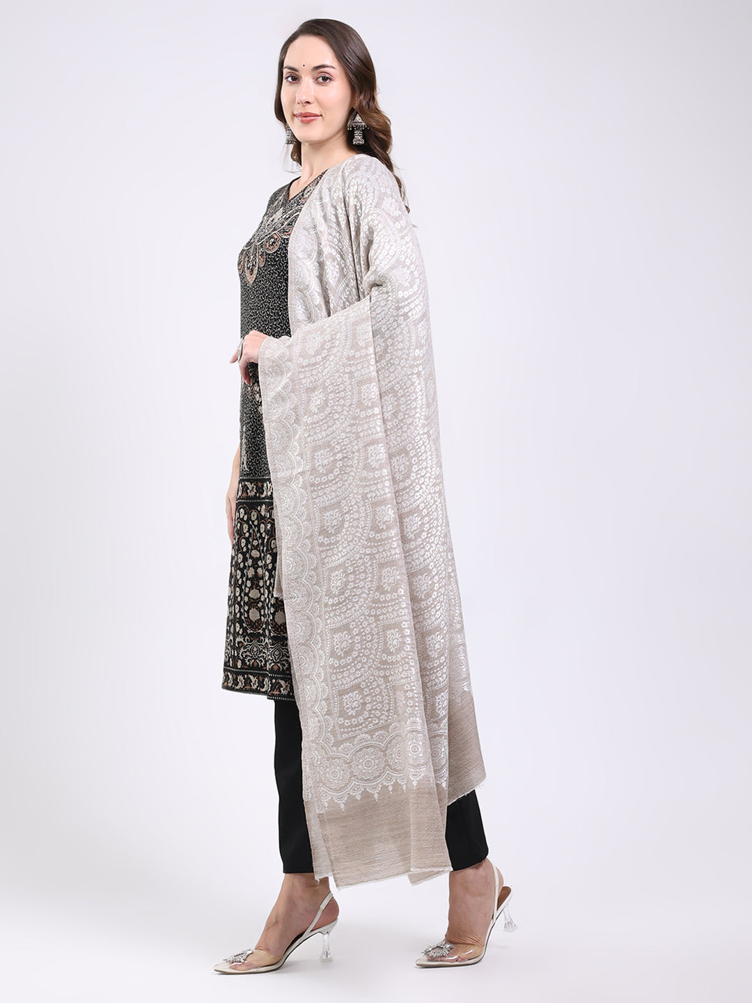 Women Grey Printed Wool Blend Shawl