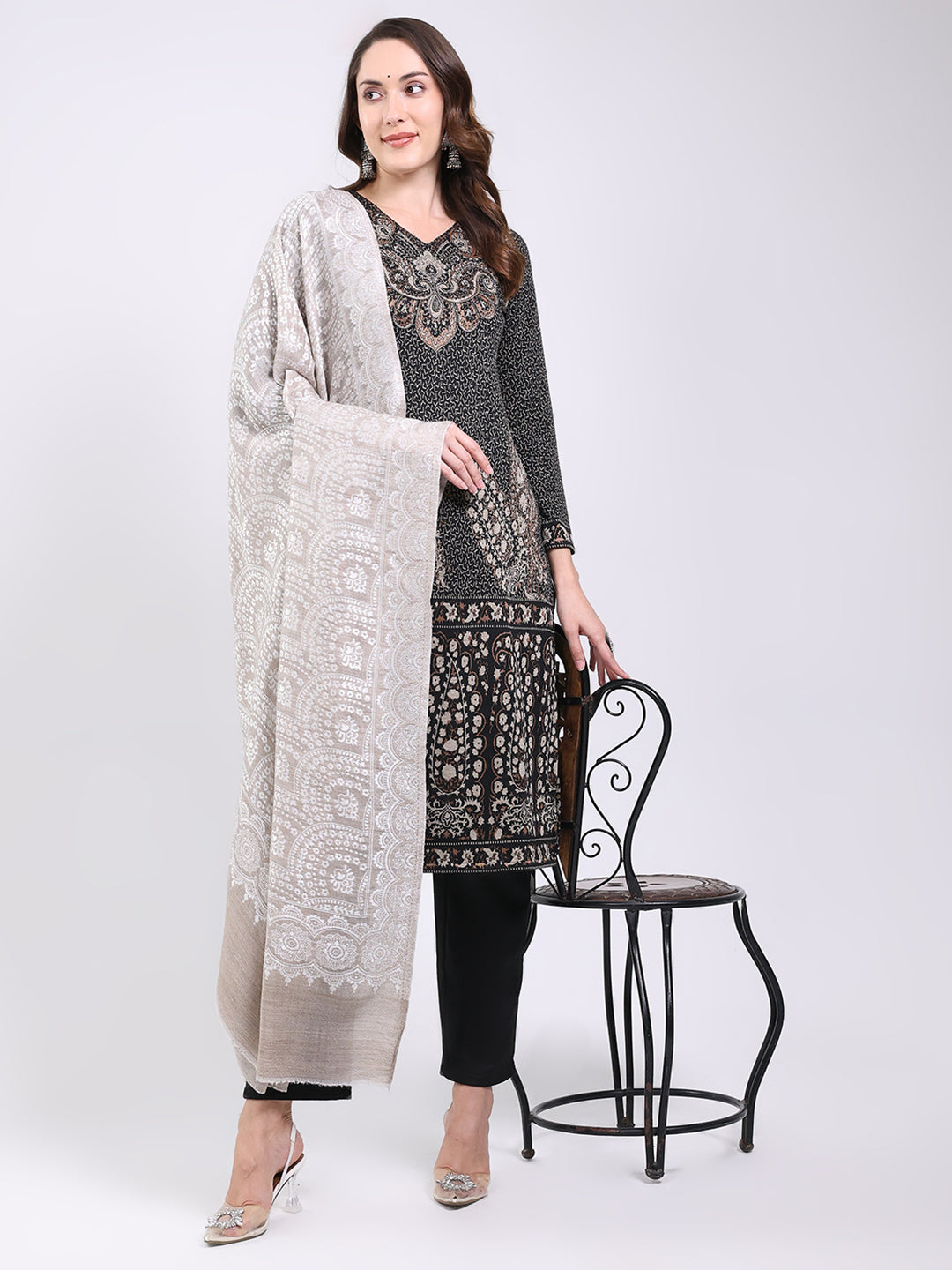 Women Grey Printed Wool Blend Shawl