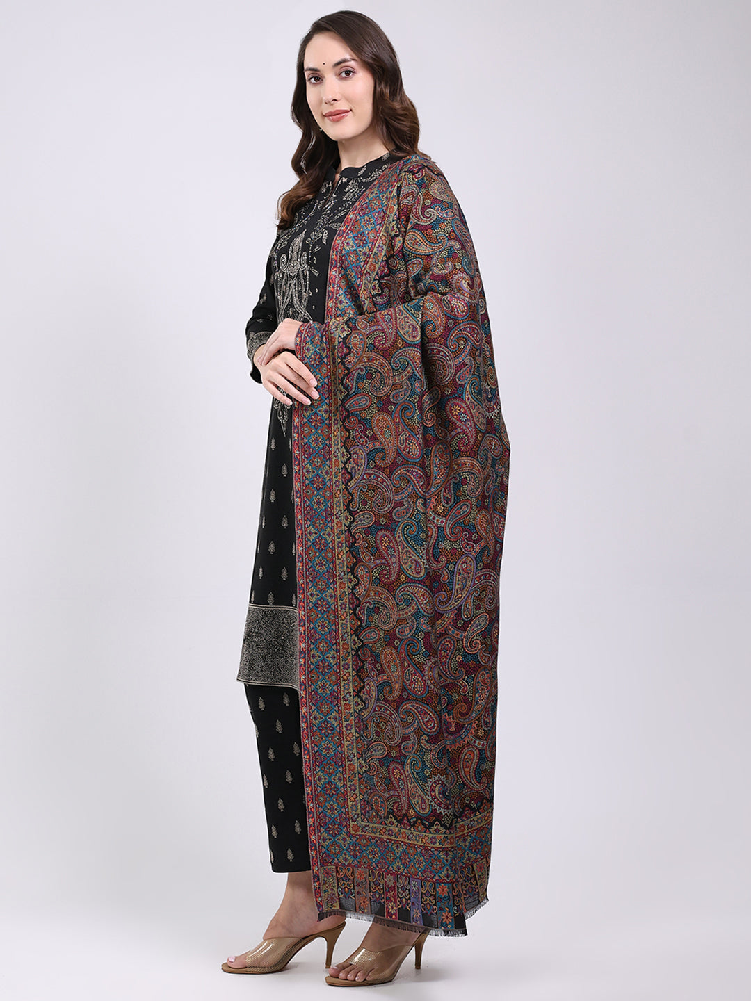 Women Brown Printed Wool Blend Shawl